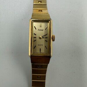 Vintage Pulsar Watch Women Gold Tone Slim Rectangle Dial 12MM New Battery
